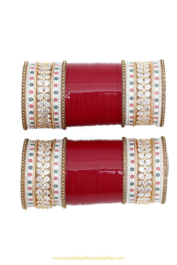 Deep Red Colour American Diamond Dotted Bridal Chura By PTJ